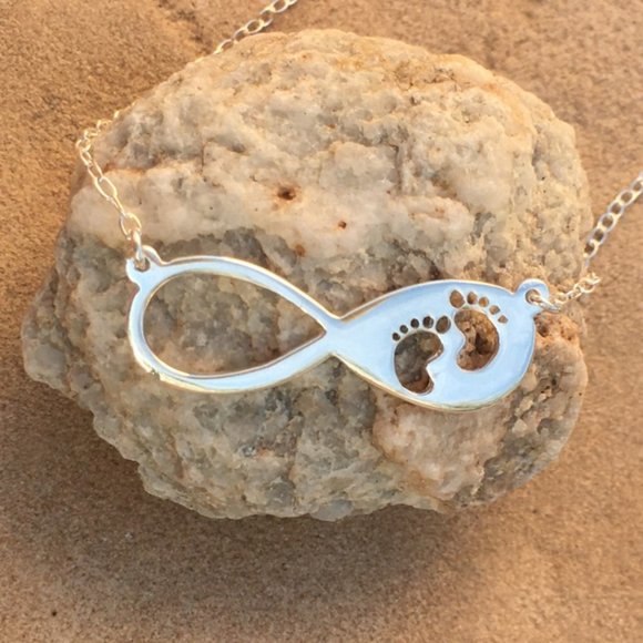 Sterling Silver Infinity Footsteps Necklace Baby Footprints .925 - Picture 16 of 16